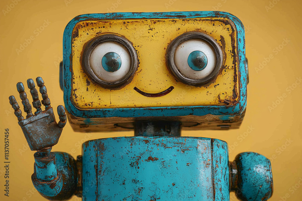 Poster cheerful robot character friendly face and vibrant colors waves hello embodying playful spirit and i