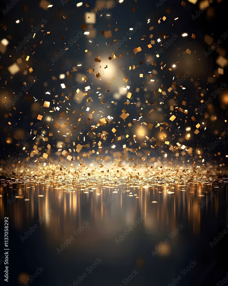 Poster a shimmering display of golden confetti against a dark background, creating a festive atmosphere.