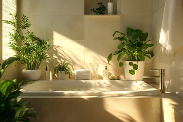 Serene and Inviting Bathroom with Natural Plants, Soft Lighting, and Elegant Accessories for a Calm Home Environment and Personal Retreat Experience