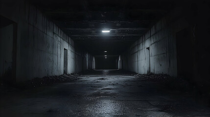 Dark Concrete Tunnel Extends into Darkness, Lit by Sparse Overhead Lights