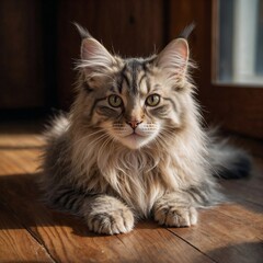 Obraz premium Fluffy Tabby Cat Sitting on Wooden Floor in Sunlight Near a Window with Curious Expression