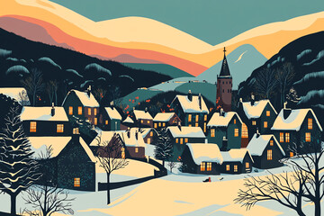 A scenic snow-covered village nestled in the mountains during sunset with warm lights glowing in the windows creating a cozy atmosphere  
