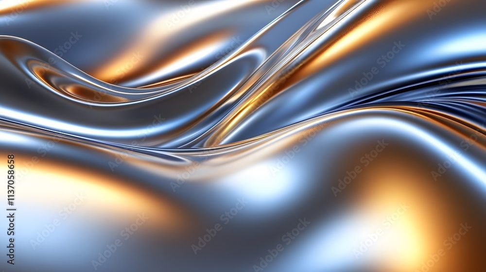 Poster shimmering flow of metallic waves creating an abstract background with silver and gold highlights fo