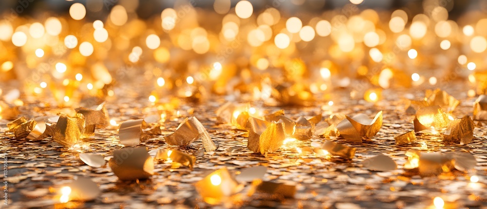 Poster a shimmering golden surface scattered with sparkling lights and fragments.