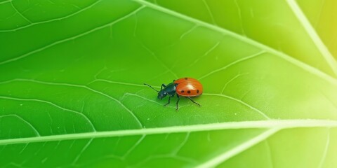 Naklejka premium Red ladybug on a vibrant green leaf
