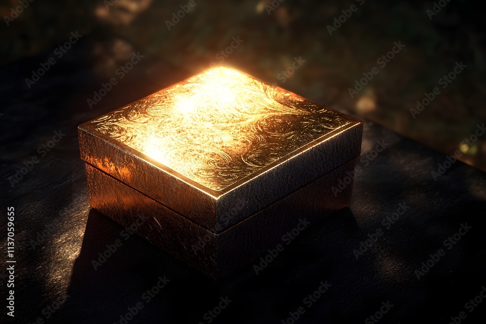 Poster a shiny golden box resting on a surface, reflecting light and showcasing intricate designs.