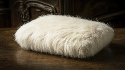 Soft Fluffy White Cushion on Wooden Table with Vintage Background