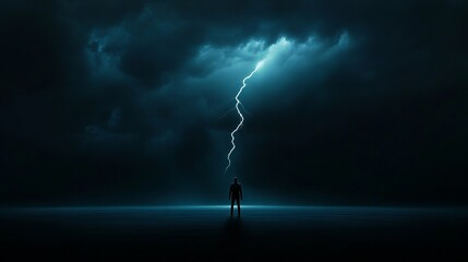 A solitary figure stands under a vast, stormy sky, illuminated by a single bolt of lightning, evoking a sense of isolation and power