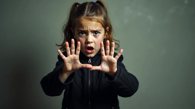 A girl in a black jacket and shorts is turning away and putting her hands up as if she's being forced to do something. She looks scared.