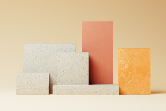 Geometric 3D shapes arranged on a soft background