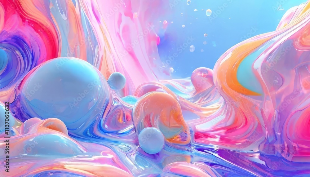 Poster a vibrant abstract composition featuring glossy liquid-like forms in swirling pastel colors. the dyn