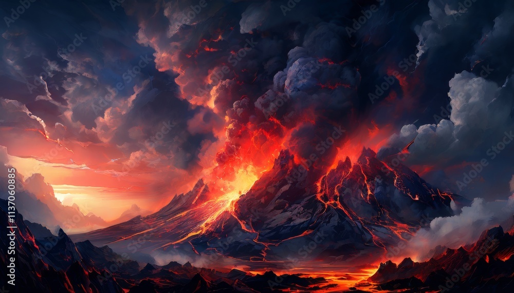 Poster a powerful scene of an erupting volcano surrounded by dark clouds and streams of red-hot lava. the i