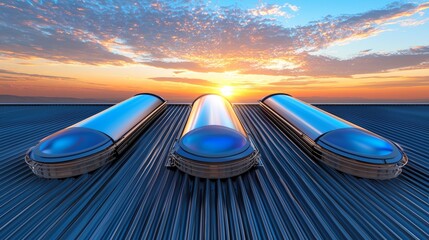 Obraz premium solar water heater with reflective panels, positioned on rooftop, blue sky setting, futuristic digital concept, isolated on white background