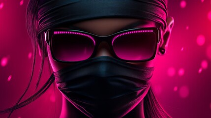 A bold and stylish portrait of a masked figure in neon pink and purple lighting, featuring sleek sunglasses and a mysterious urban vibe