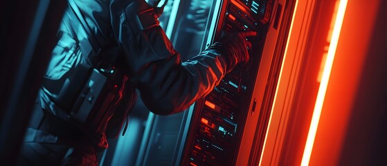 A technician interacts with a server in a dimly lit, high-tech environment.