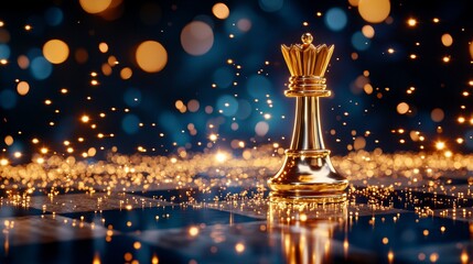 Strategic position of gold queen chess piece on board, symbol of leadership and success; dramatic lighting and ample space for business text