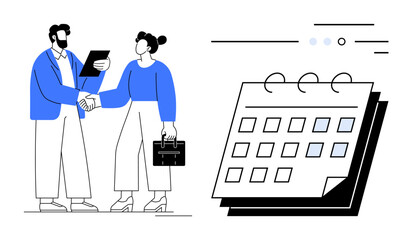 Two professionals shaking hands, one holding a document, the other a briefcase, large calendar with highlighted dates. Ideal for business meetings, scheduling, teamwork, corporate partnerships