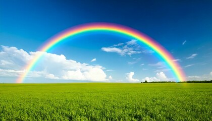 Obraz premium 青空と草原と虹の写真