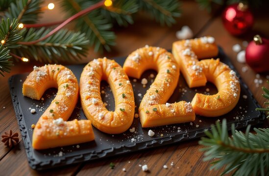Festive 2025 celebration with decorative holiday desserts on wooden table