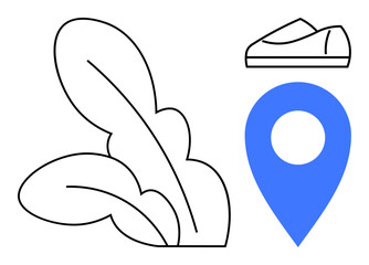 Pin, sneaker, leaves with clean lines and minimal detail in black and blue. Ideal for travel, fitness, nature, navigation, environment, athletic wear, eco-friendly branding. Line metaphor