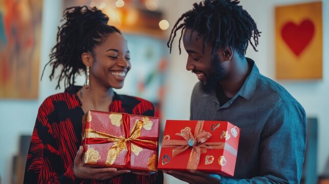 Happy couple exchanging gifts, smiling. - Powered by Adobe