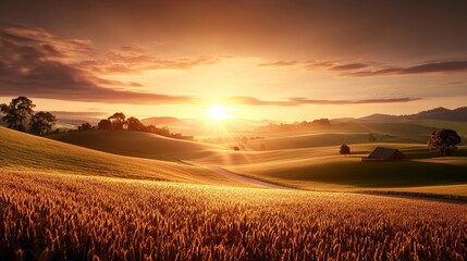 Celestial glow bursting through a soft sunrise, painting the sky in pastel shades over a dreamy countryside vista