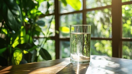 Fresh Water Glass on Wooden Table Surrounded by Green Plants