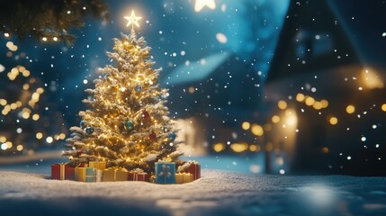 Naklejka premium Glowing Christmas Tree with Presents Under Snowy Night Sky