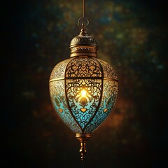 beautiful Ramadan lantern with golden and turquoise colors, decorated with Islamic patterns, hangs in the air with light reflecting off it. 