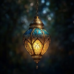 beautiful Ramadan lantern with golden and turquoise colors, decorated with Islamic patterns, hangs in the air with light reflecting off it. 