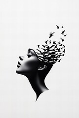 A minimalist black-and-white artwork of a woman’s profile with birds flying out of her head, symbolizing freedom, creativity, and imagination