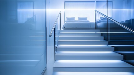 Fototapeta premium Spacious two-level bedroom in a capsule hotel, floating stairs, sleek furnishings, LED lighting, modern architecture, urban luxury, compact living concept
