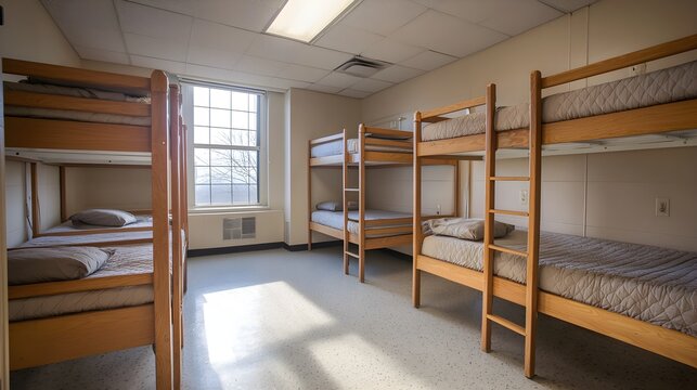 Spacious hostel room with modern bunk beds and neutral decor, capturing the simplicity of budget travel, dormitory beds, travel accommodation design