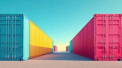 Fototapeta premium intermodal container flat design front view supply chain theme 3D render Split-complementary color scheme