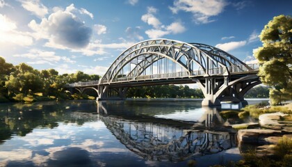 Fototapeta premium A picturesque bridge stretches over a calm river, with clear skies and serene surroundings. The reflection of the bridge in the still water creates a peaceful and tranquil atmosphere, perfect for