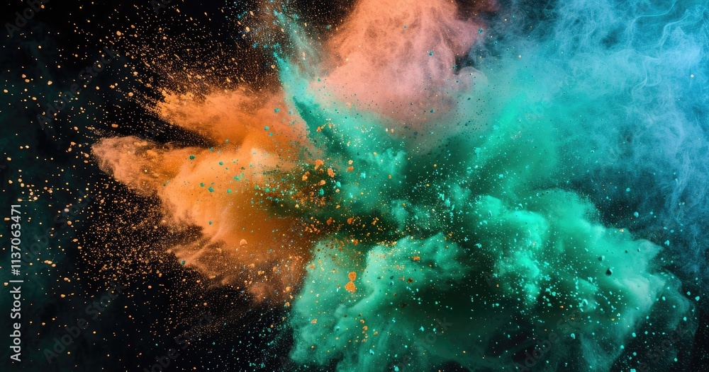 Poster a vibrant explosion of colored powder creating an artistic and dynamic visual effect.