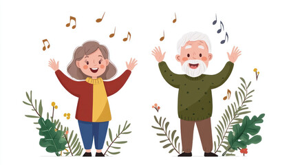Fototapeta premium An elderly man and woman joyfully singing together, surrounded by plants and musical notes, creating lively atmosphere of happiness and connection