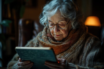An elderly woman in cozy home environment, focused on her tablet, exuding warmth and tranquility