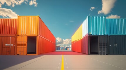 Fototapeta premium intermodal container flat design front view supply chain theme 3D render Split-complementary color scheme