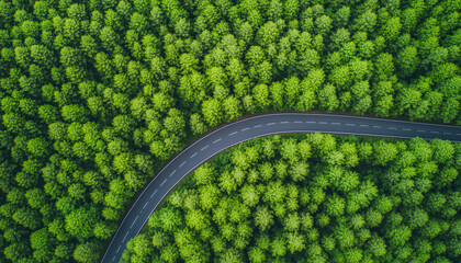 Aerial view of a winding road surrounded by lush, green forest vegetation.
