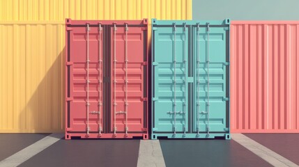 intermodal container flat design front view supply chain theme 3D render Split-complementary color scheme
