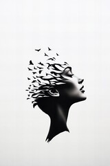 A minimalist black-and-white artwork depicting a woman's profile seamlessly blending into a flock of birds, symbolizing freedom, transformation, and creativity