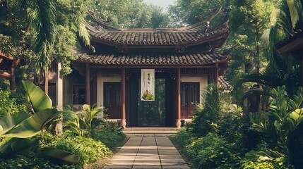 Fototapeta premium Tranquil Asian Temple Entrance Lush Greenery Garden