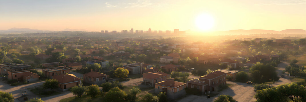 Sunrise Illuminates Suburban Town, 3D Render of Residential Area with City Skyline