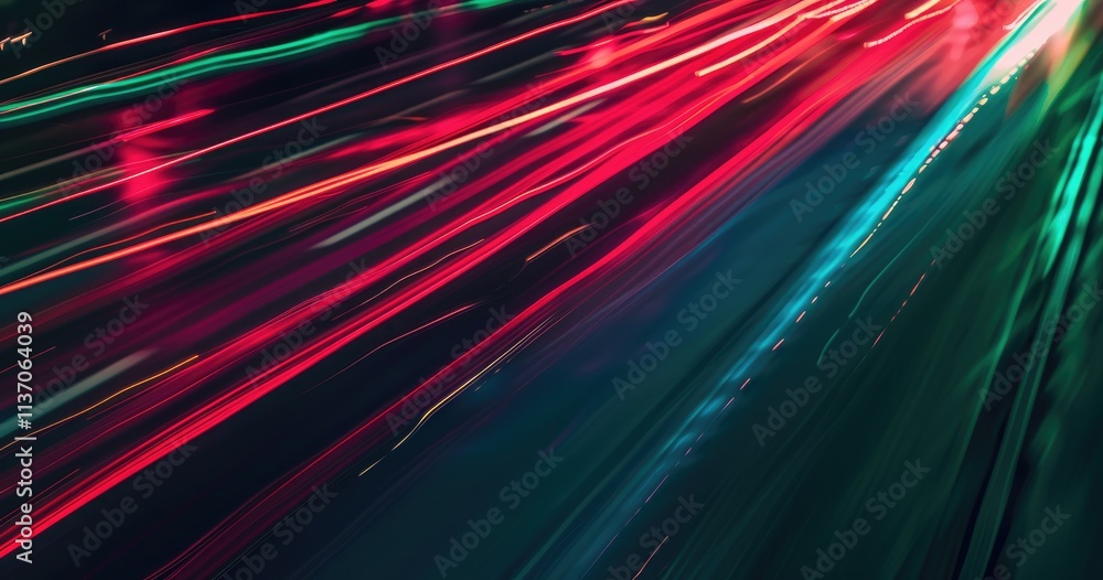 Poster a dynamic display of colorful light trails, suggesting motion and energy in an urban setting.