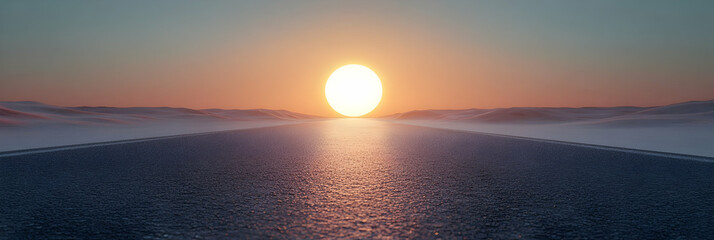 Naklejka premium 3D Render: Vast Desert Highway at Sunset, Sun Descends Over Rolling Hills, Creating Dramatic Silhouette