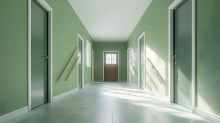 Staircase corridor in a hostel, standard room doors on each side, soft shadows