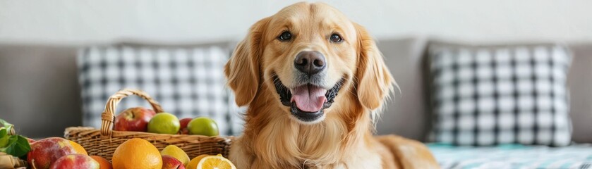 Obraz premium Happy golden retriever dog with fruit basket in cozy living room warm atmosphere joyful pet portraits