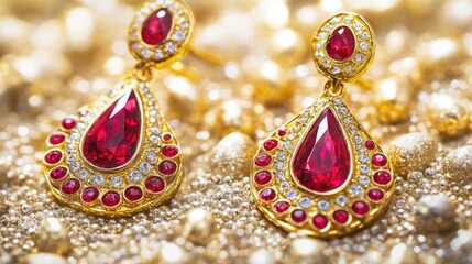Elegant Gold Earrings with Red Gemstones and Sparkling Accents