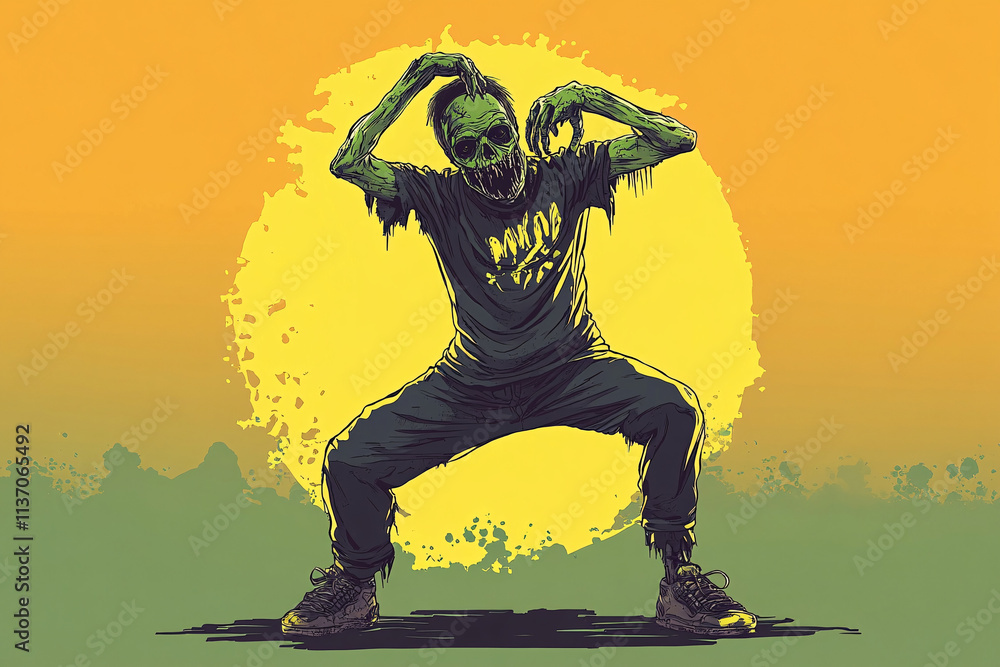 Poster green skeleton performing a dynamic dance move in front of a vibrant yellow circle on an orange back